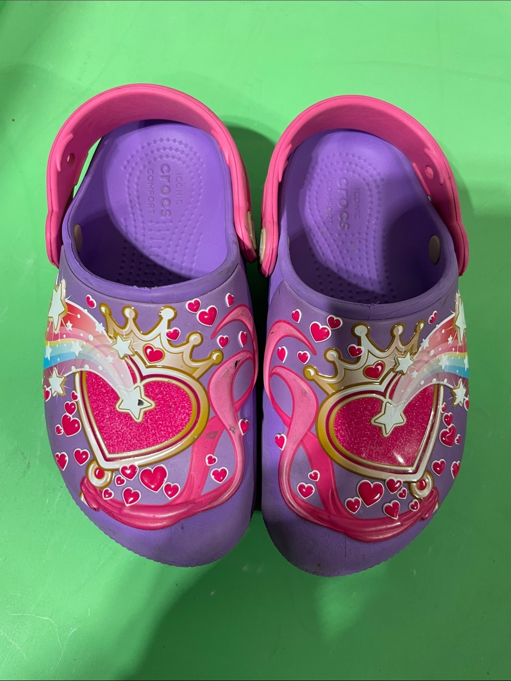 CROCS Kids Purple Clogs with Pink Strap & Heart Crown Graphics size C11